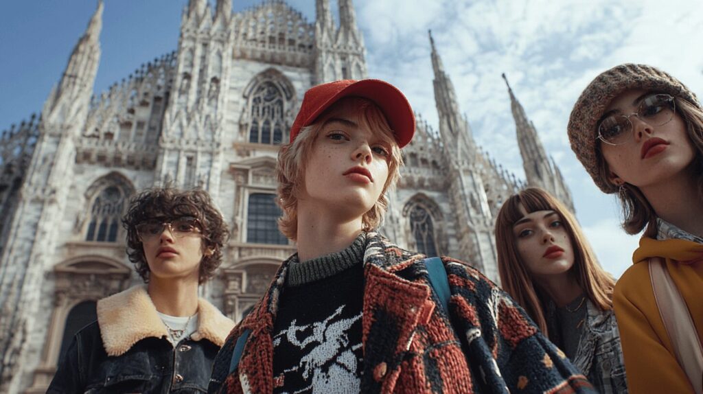 Quattro giovani davanti al Duomo di Milano.