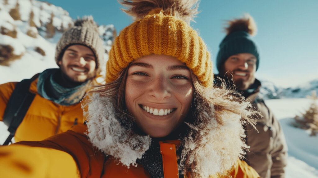 Selfie invernale di una giovane donna con due uomini sullo sfondo