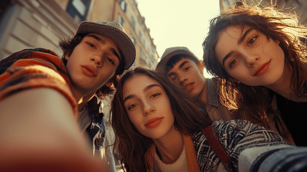 Selfie di quattro giovani fotografati dal basso